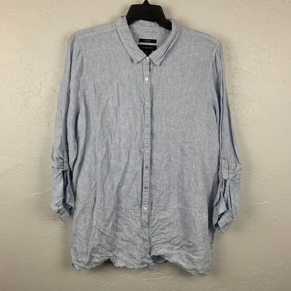 Tahari Linen Top Womens Size 2X Blue Tunic Beachy Collared Roll Up Sleeve - Picture 1 of 6